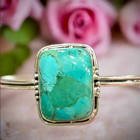 Square Green/Blue Turquoise Cuff 925 Silver Bracelet 1” Adjustable - Picture 4 of 7
